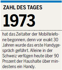 1973 hat das Zeitalter der Mobiltelefone begonnen, denn vor exakt 30 Jahren wurde das erste Handygespräch geführt.
    Alleine in der Schweiz verfügen heute über 90 Prozent der Haushalte über mindestens ein Handy.