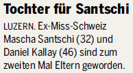 Ex-Miss-Schweiz Mascha Santschi (32) und Daniel Kallay (46) sind zum zweiten Mal Eltern geworden.