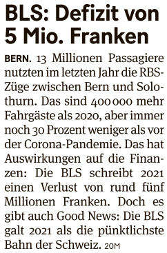 BLS: Defizit von 5 Mio. Franken